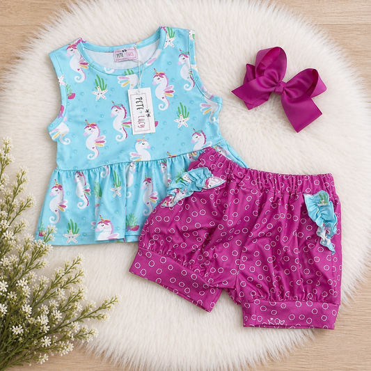 Pete + Lucy Girls Aqua Unicorn Peplum Top & Magenta Shorts Set