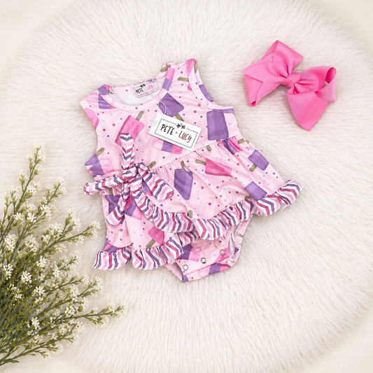 Pete + Lucy Pink Ruffle Bubble Romper |Baby Girl Summer Outfit with Bow