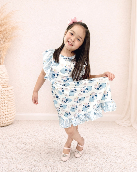 Pete + Lucy Blue Gray Panda Ruffle Dress – Girls Boutique Twirl Dress