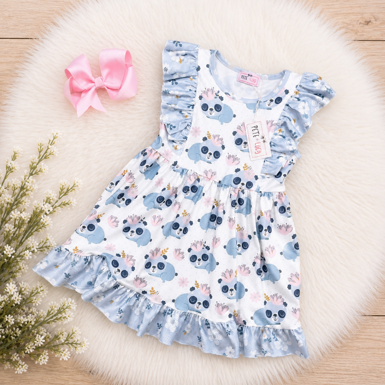 Pete + Lucy Blue Gray Panda Ruffle Dress – Girls Boutique Twirl Dress