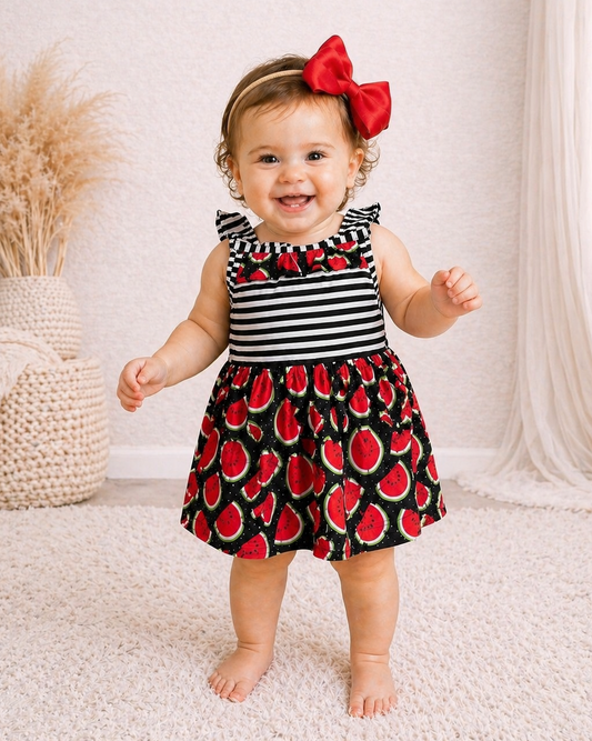 Pete + Lucy Watermelon cutie Dress 🍉 |Toddler Girl Summer Boutique Outfit with Matching Bow