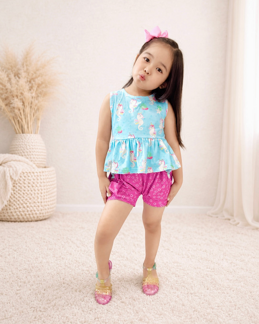 Pete + Lucy Girls Aqua Unicorn Peplum Top & Magenta Shorts Set