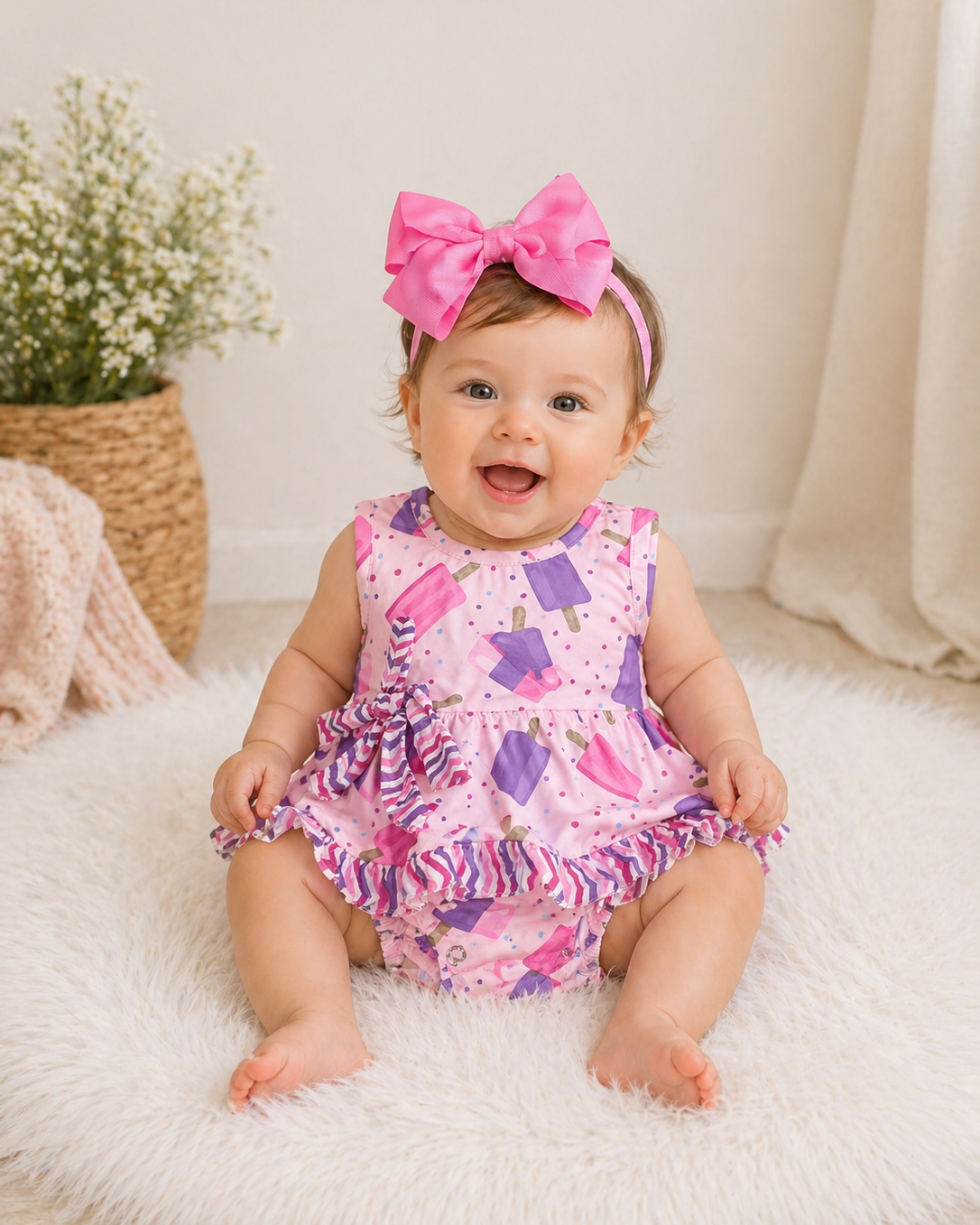 Pete + Lucy Pink Ruffle Bubble Romper |Baby Girl Summer Outfit with Bow