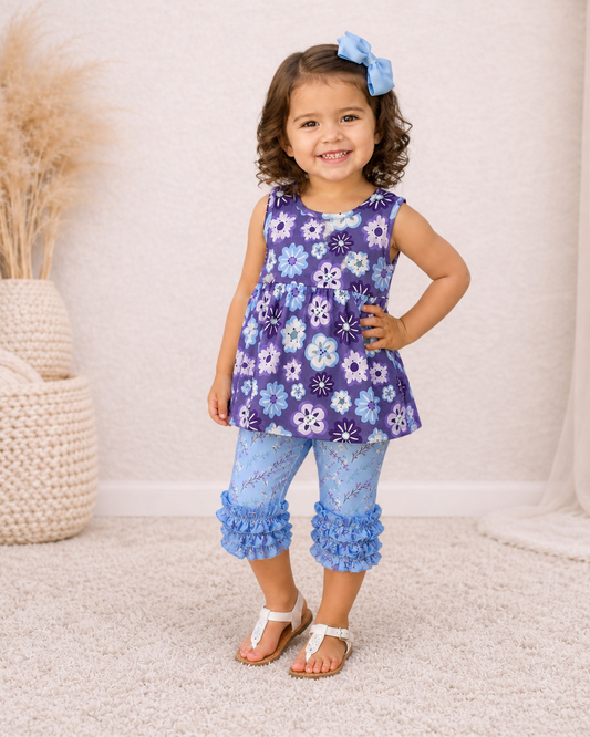 Pete + Lucy Purple Blossom Ruffle Capri Set | Girls Floral Boutique Outfit