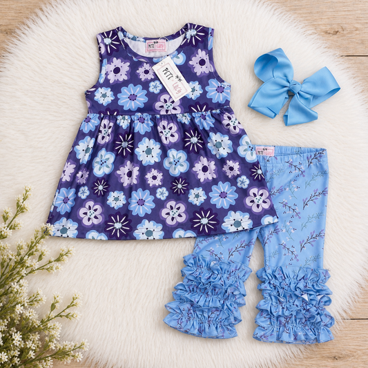 Pete + Lucy Purple Blossom Ruffle Capri Set | Girls Floral Boutique Outfit
